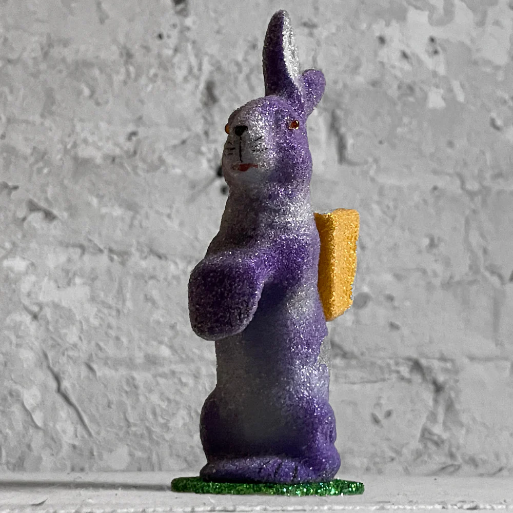 Small Papier-Mâché Beaded Purple Bunny with Orange Basket - Image 3