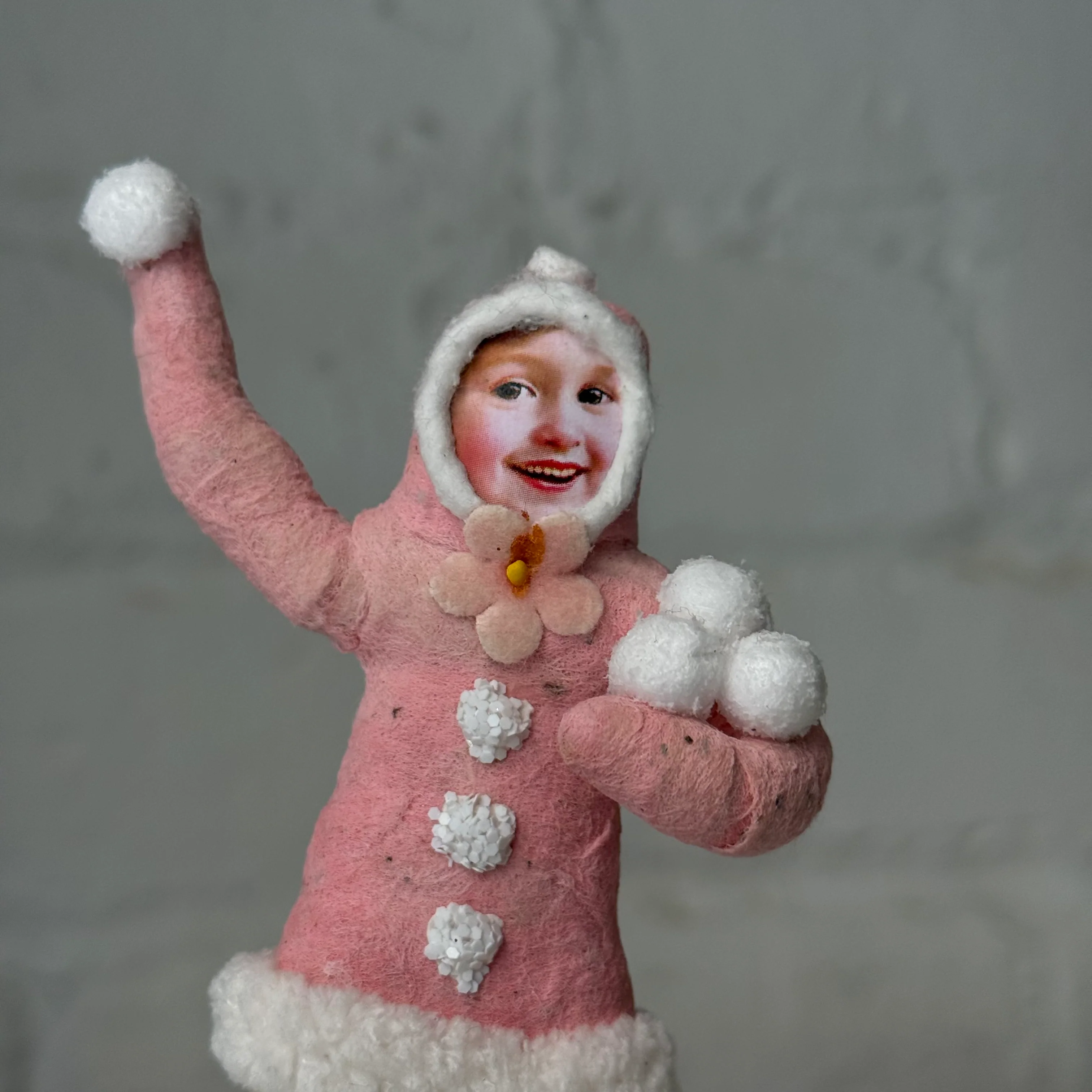 Spun Cotton Pink Valentine's Day Girl with Snowballs #19 - Image 3