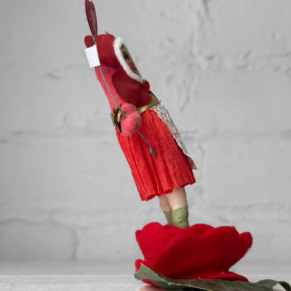 Spun Cotton Valentine's Day Flower Girl Figure on Felted Rose #3 - Image 2