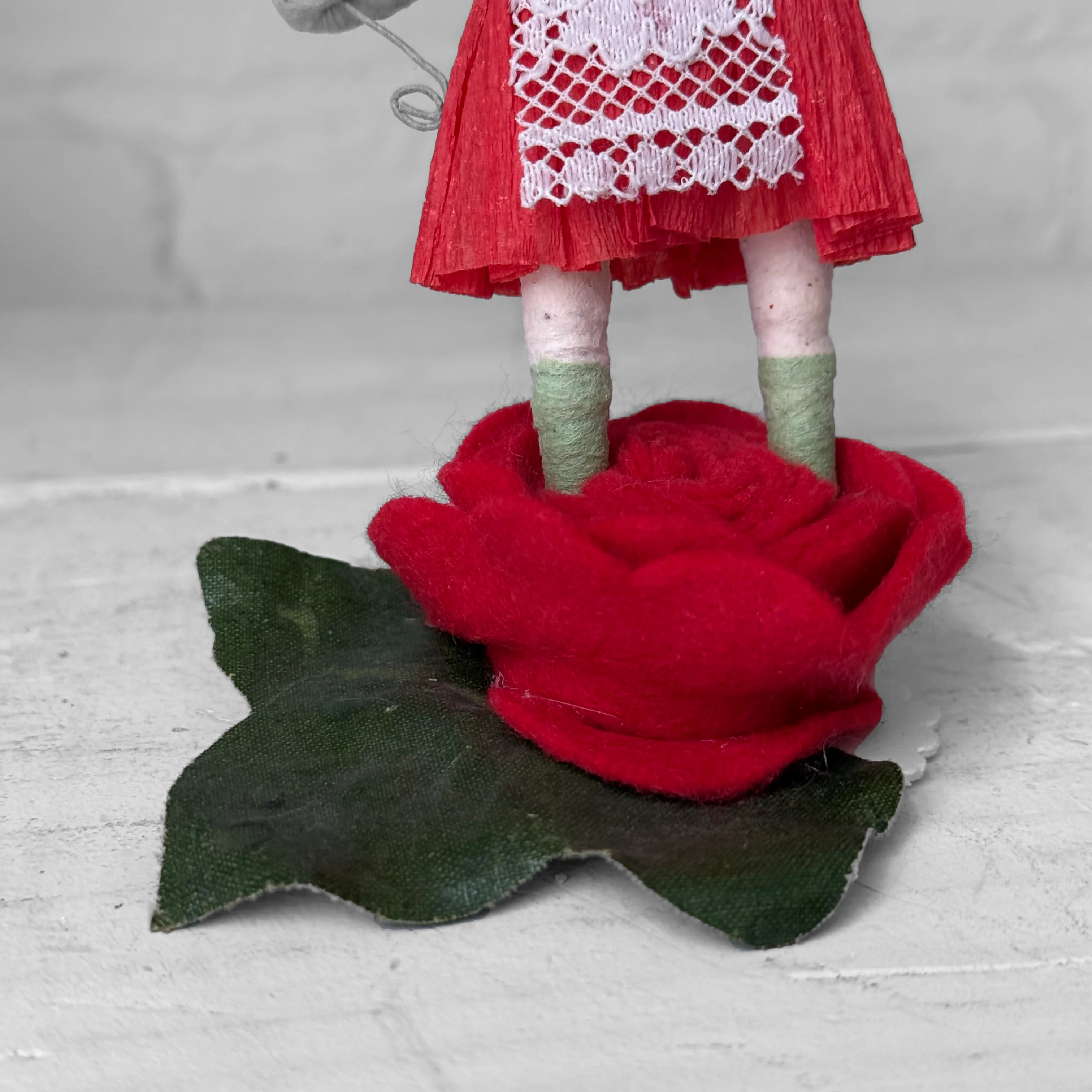 Spun Cotton Valentine's Day Flower Girl Figure on Felted Rose #3 - Image 3