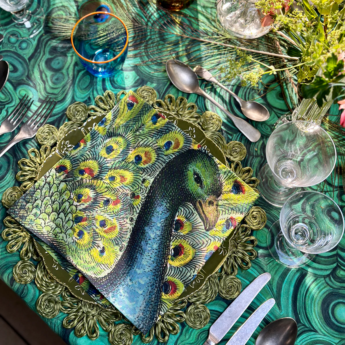 Summerill & Bishop x John Derian "Peacock" Linen Napkin Set of 6 - Image 4