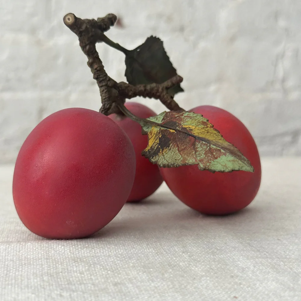 Triple Porcelain Santa Rosa Plum with Twig and Two Leaves - Image 2