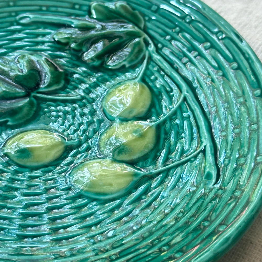 Vintage German Majolica Basket Weave Olive Plate (M04) - Image 2