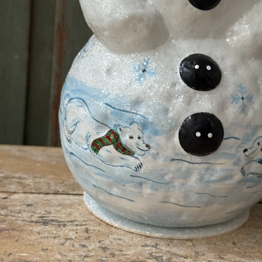 XL Papier-Mâché Beaded Snowman with Polar Bear Scene - Image 3
